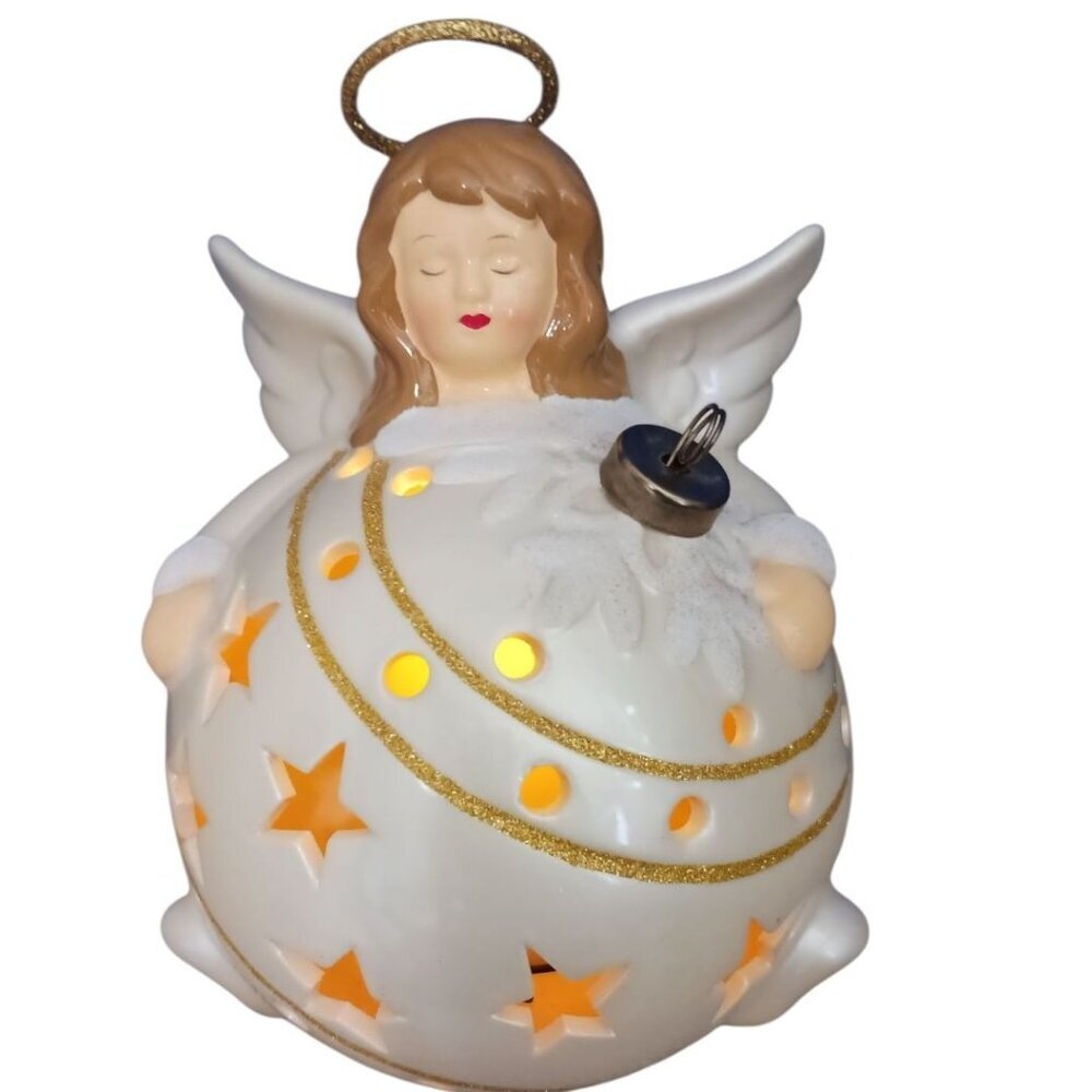 QVC Ceramic Angel Flameless Candle Luminaries Ornament Gold Glitter cream